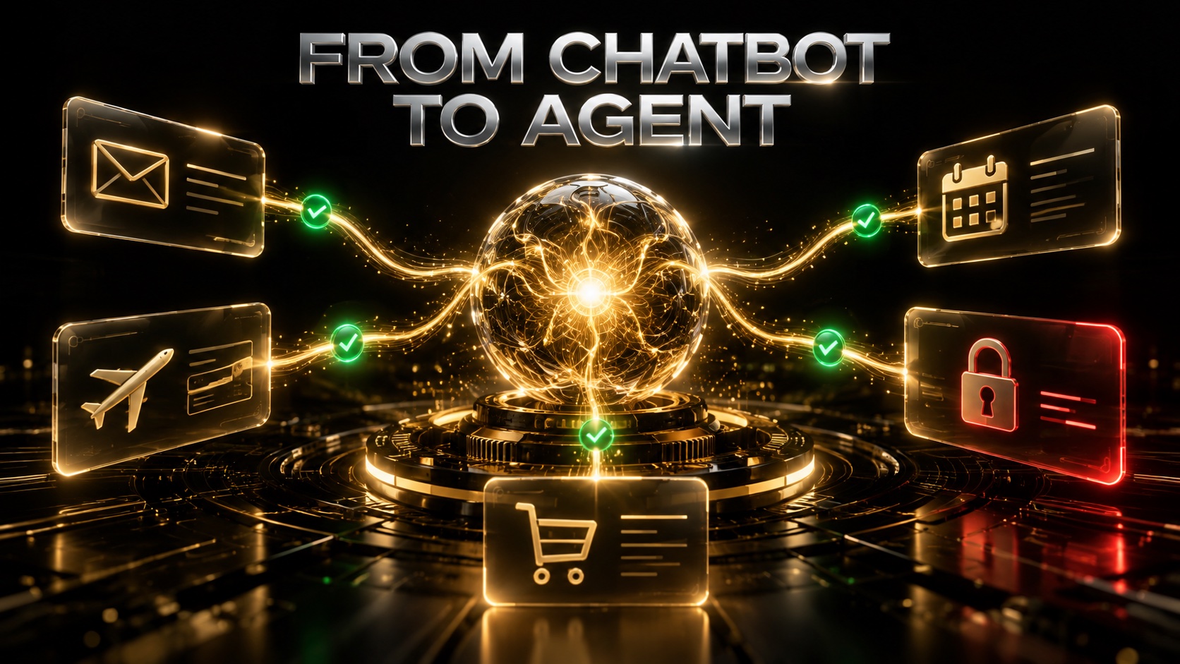 Abstract visual of a personal AI agent coordinating email, travel, shopping and calendar tasks across connected devices