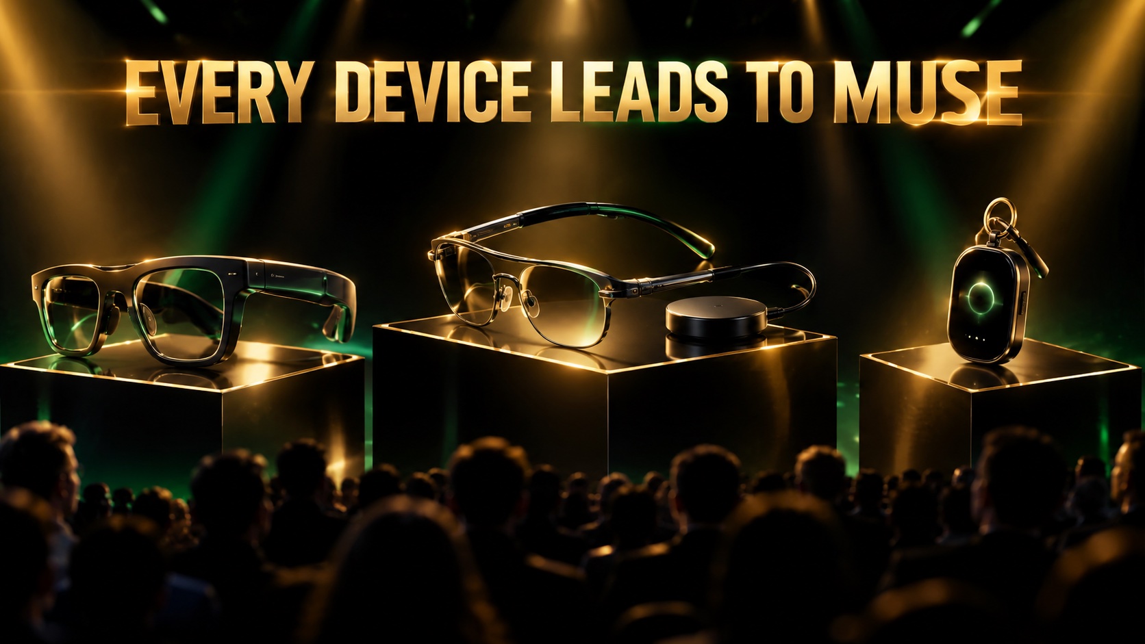 Smart glasses and a small pocket AI device displayed on a dark stage under gold and green spotlights