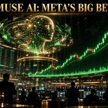 Futuristic trading floor with green momentum candles and red warning candles as investors react to Meta's Muse AI launch