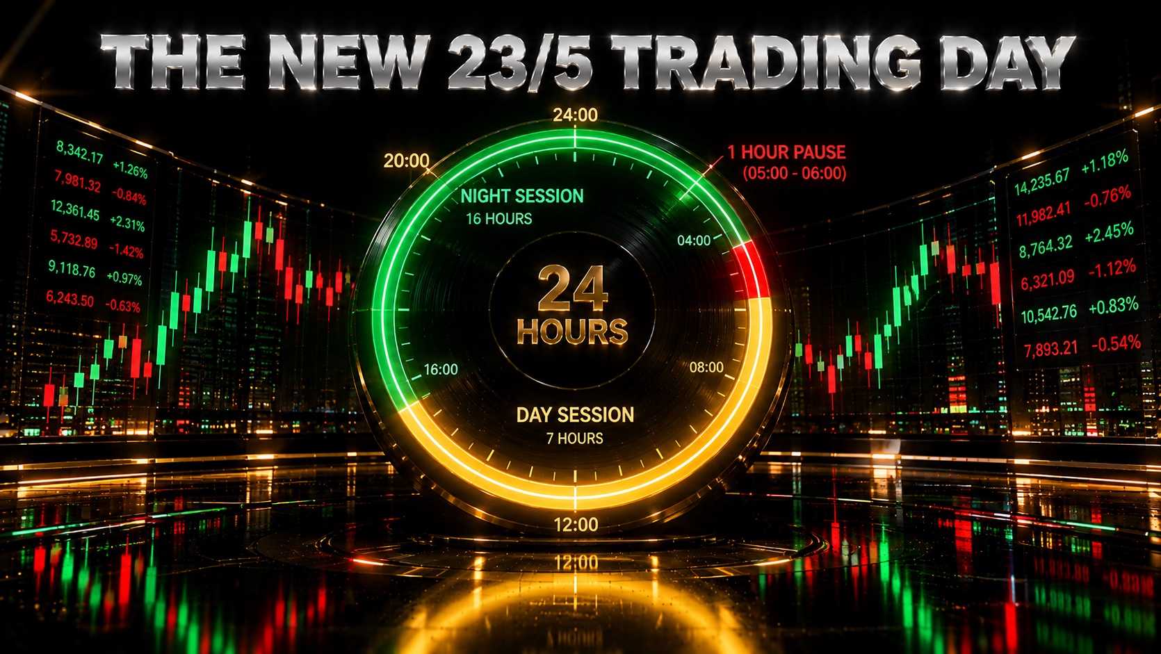 Circular 24-hour dial divided into a long gold day session, a short red pause and a green overnight session