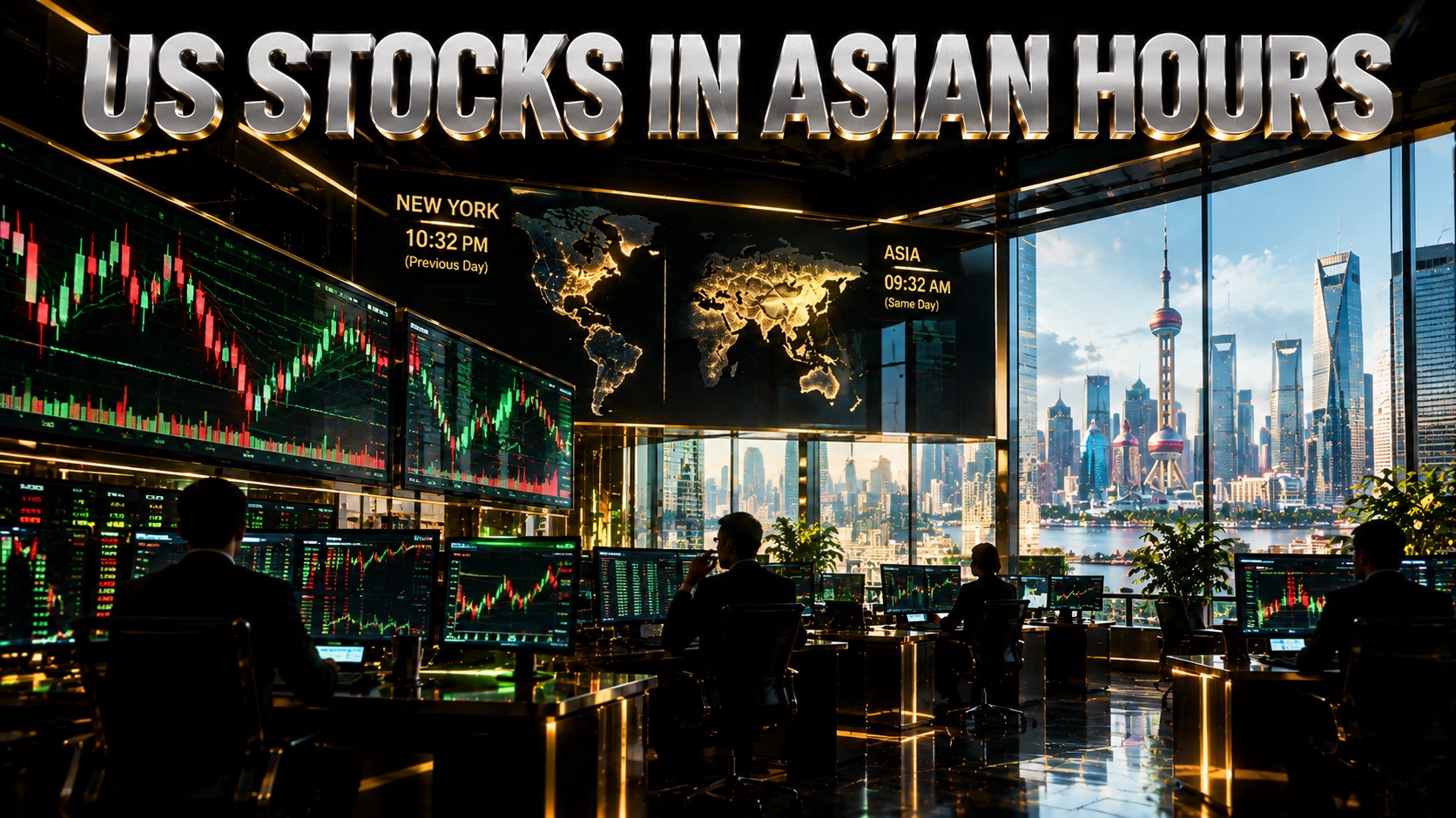 Silhouetted investors in an Asian financial district office at daytime watching US stock charts on large screens