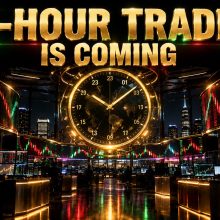 Futuristic stock exchange trading floor at night with a large glowing clock and red and green candlestick screens