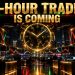 Futuristic stock exchange trading floor at night with a large glowing clock and red and green candlestick screens