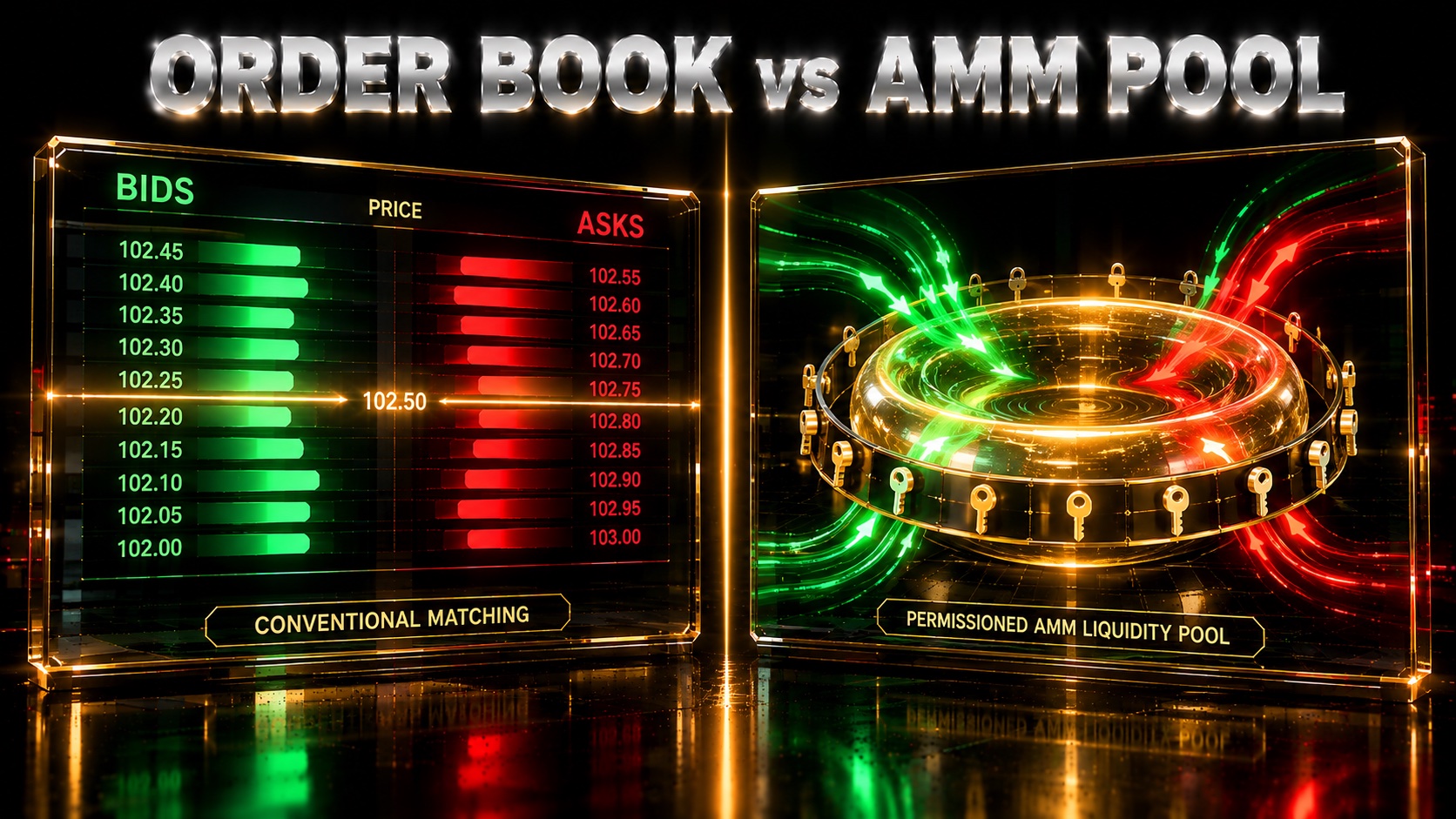 Diagram contrasting a traditional exchange order book with a permissioned AMM liquidity pool