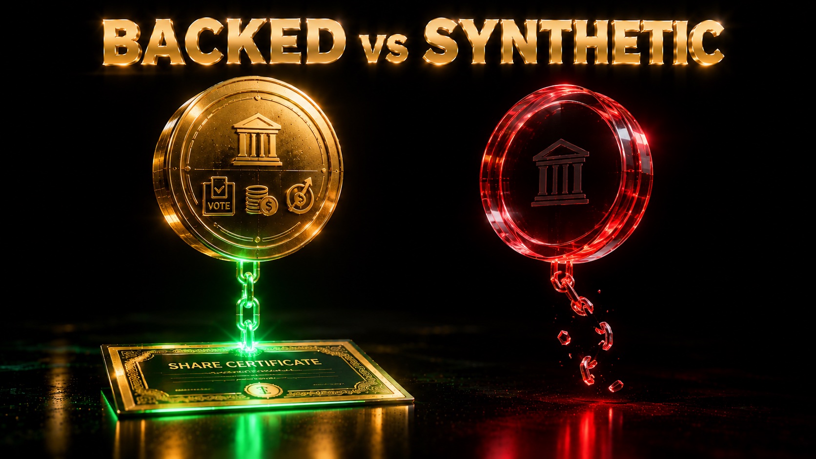 Split image comparing a rights-backed tokenized share against a synthetic price-tracking token