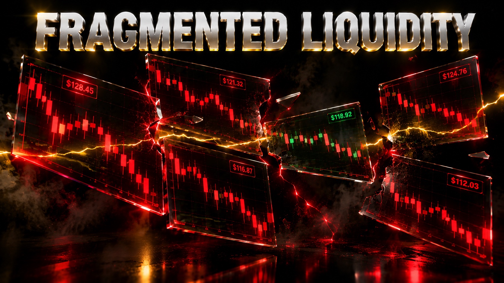 Fragmented market data screens showing split liquidity across parallel trading venues