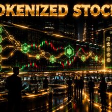Futuristic trading floor showing tokenized US stock tickers on blockchain ledger displays
