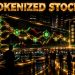 Futuristic trading floor showing tokenized US stock tickers on blockchain ledger displays