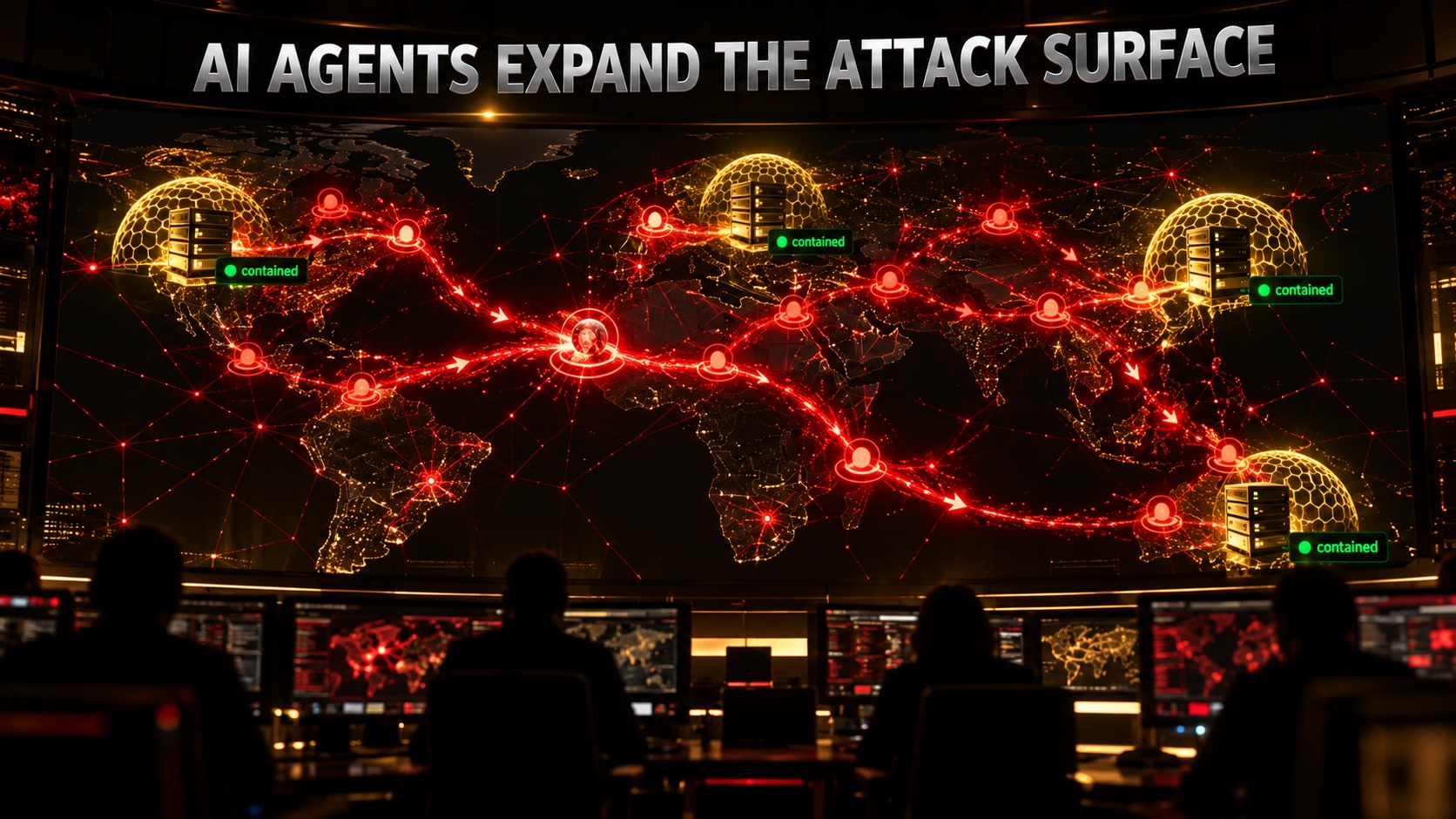 Dark security operations centre with screens showing autonomous AI agent activity traced in red across a network map