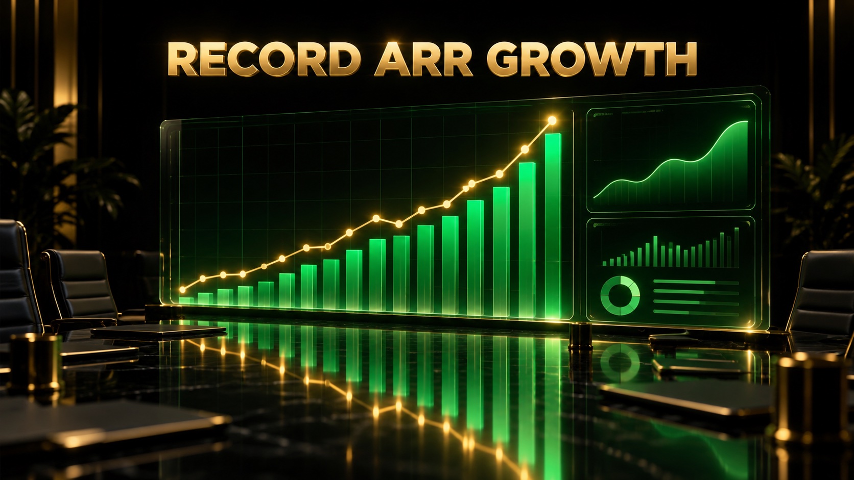 Financial dashboard with rising green annual recurring revenue bars and a gold net new ARR line on a black background