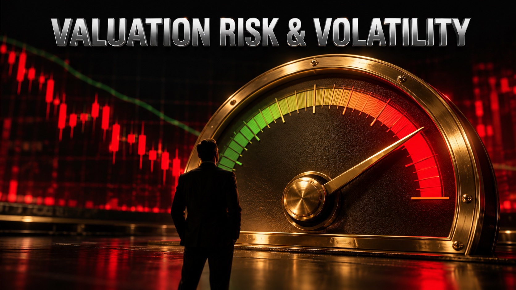 Gold valuation gauge pushed toward its upper limit beside red warning candles on a dark trading screen