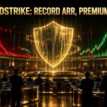 Futuristic trading floor with red and green candlesticks and a glowing security shield display as investors weigh CrowdStrike stock