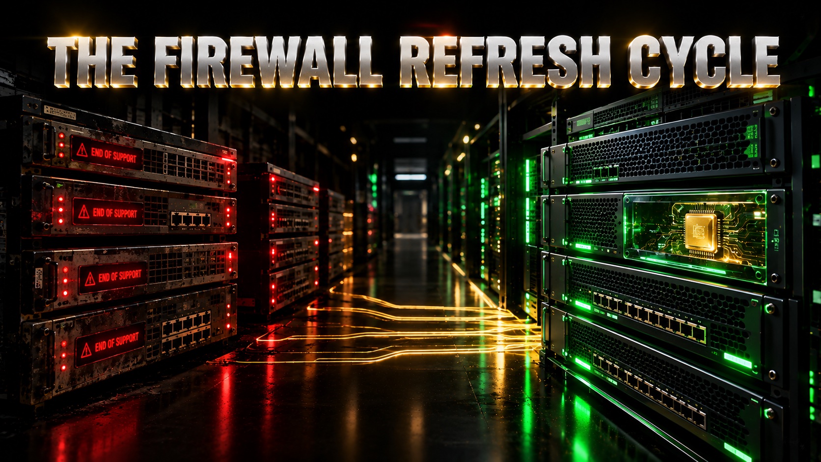 Rows of older network firewall appliances with red end-of-support lights beside new appliances glowing green in a server room
