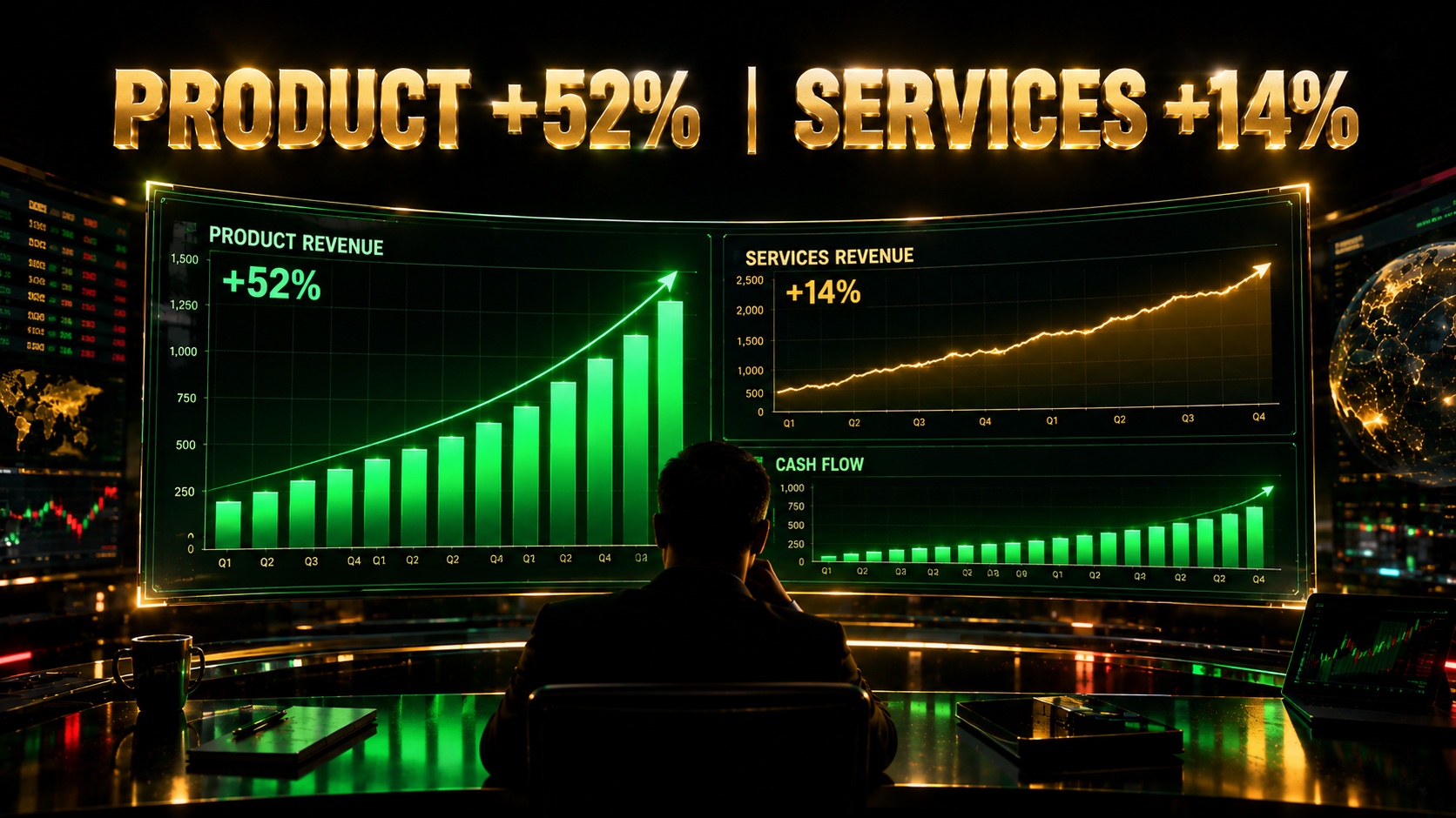Financial dashboard showing product revenue bars rising steeply in green beside a steadier gold line for service revenue