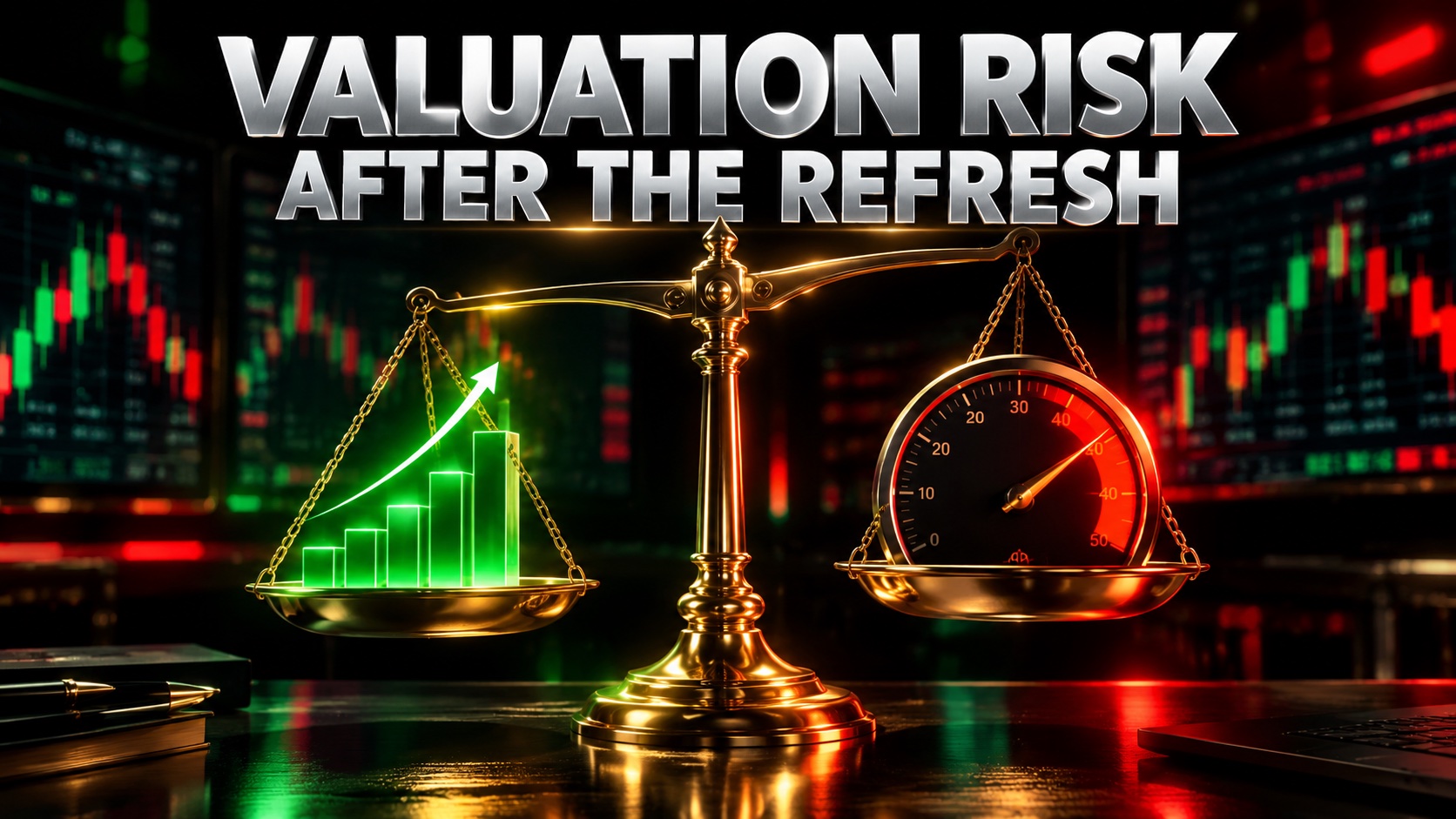 Gold balance scale on a dark trading desk weighing a stack of green growth bars against a red valuation multiple gauge
