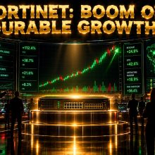 Futuristic trading floor with green momentum candles and red warning candles as investors weigh Fortinet stock after a record quarter