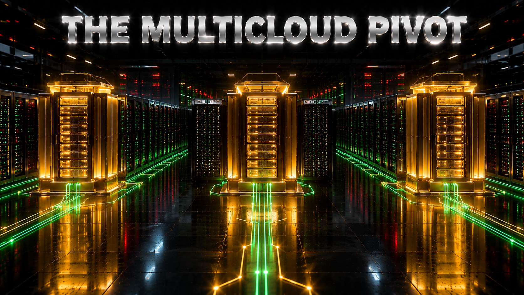 Glowing database hardware racks installed inside a rival cloud data center hall, linked by gold and green light paths