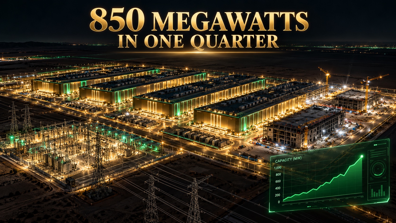 Gigawatt-scale AI data center campus at night with rows of GPU halls and power infrastructure lit in gold and green