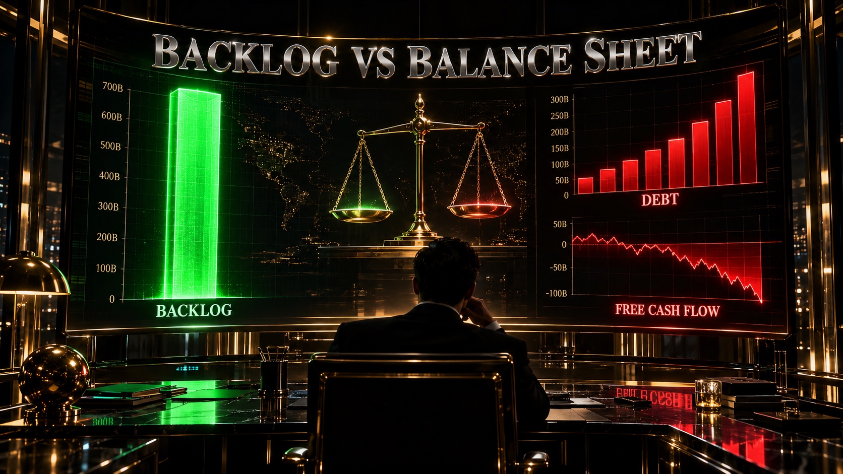 Financial dashboard showing a tall backlog bar in green beside rising debt and negative free cash flow bars in red