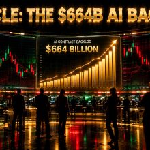Futuristic trading floor with red warning candles and green momentum candles as investors weigh Oracle's AI cloud backlog