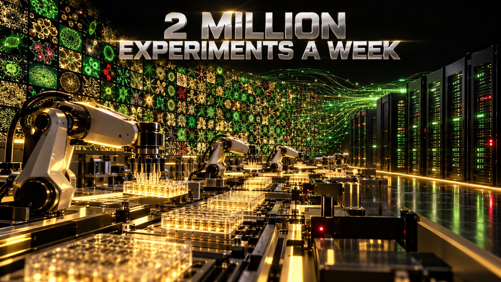 Automated robotic laboratory with rows of cell culture plates and a wall of microscope images feeding a supercomputer