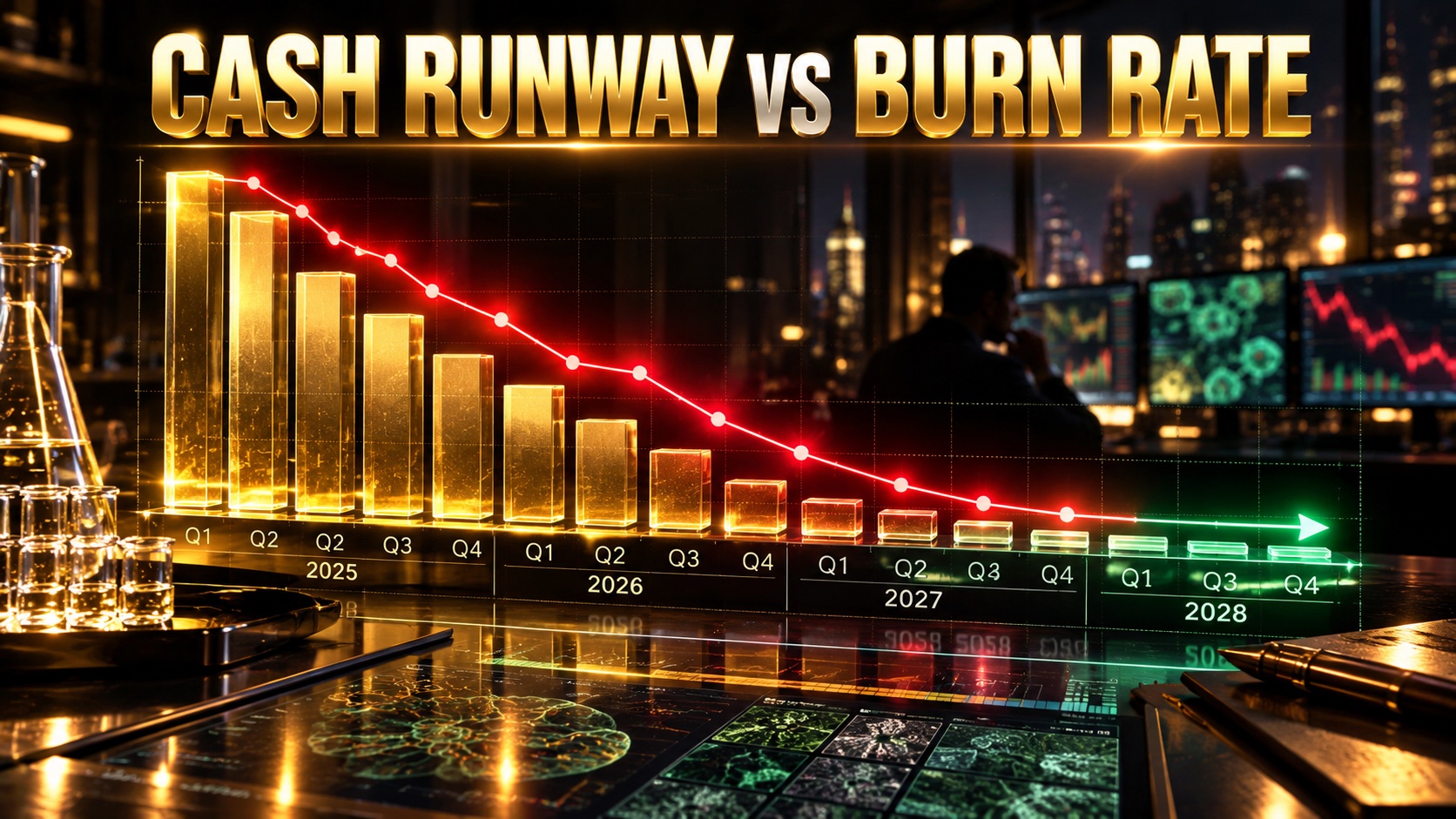 Financial dashboard showing a gold cash balance bar shrinking over time beside a red burn rate line on a black background