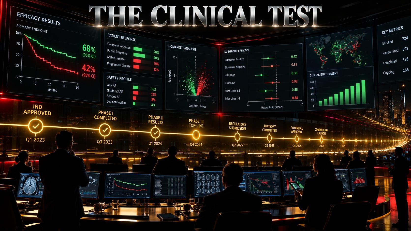 Clinical trial data screens with green and red result markers in a dark control room above a timeline of upcoming milestones