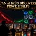 Futuristic trading floor with red and green candlesticks beside a glowing cell imaging display as investors weigh Recursion stock