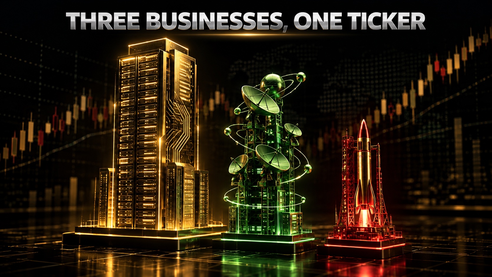 Three glowing revenue towers labelled for rockets, satellite internet and AI compute on a dark data dashboard