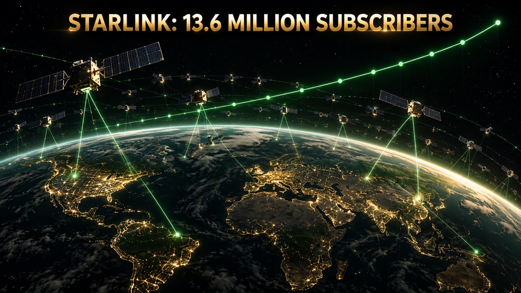 Satellite constellation over a night-time Earth with a rising subscriber growth line