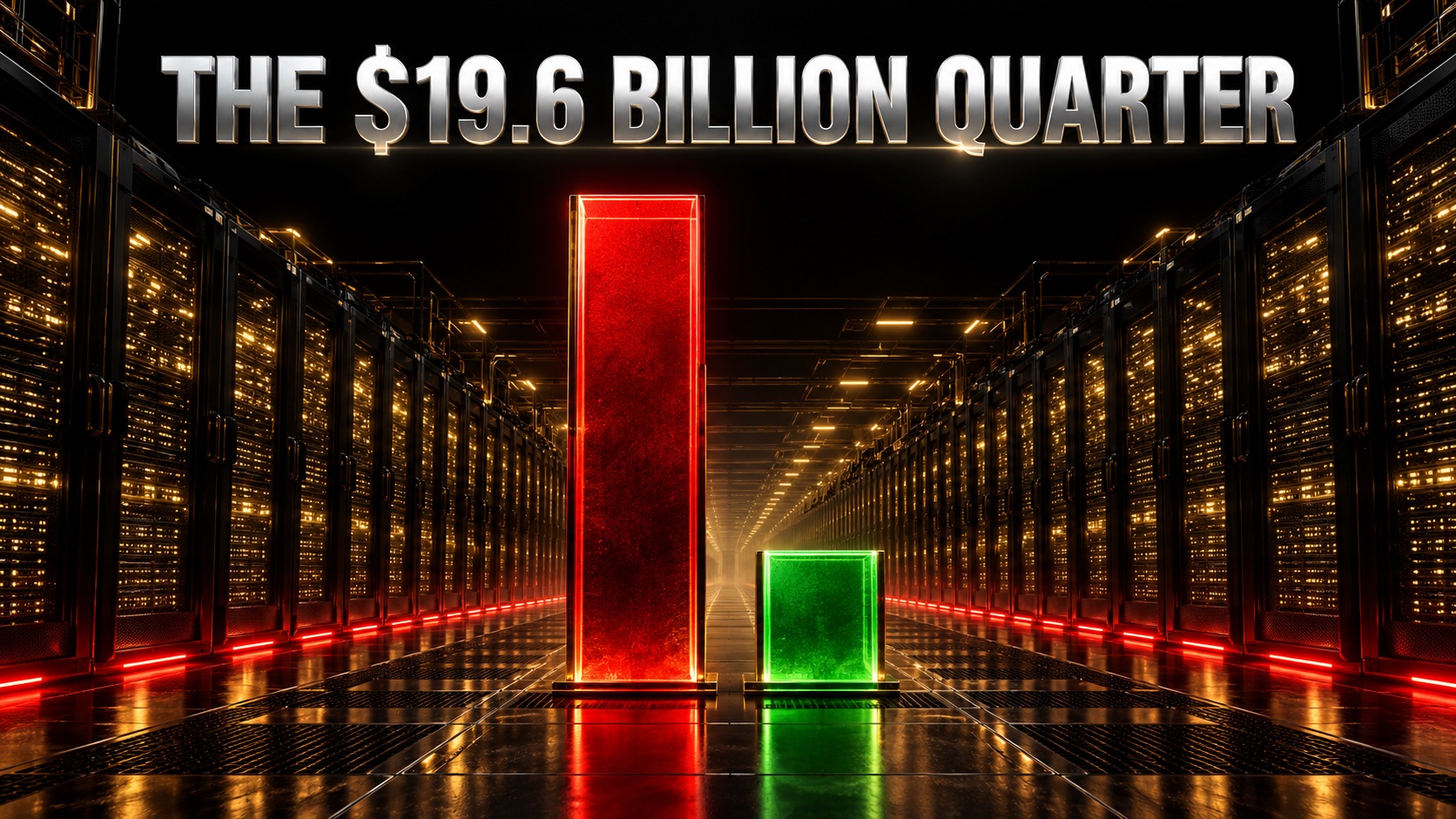 Vast AI data centre hall with rows of server racks under red and gold lighting