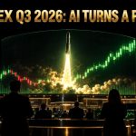 Futuristic trading floor with green momentum candles on giant screens after a rocket company's earnings release