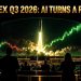Futuristic trading floor with green momentum candles on giant screens after a rocket company's earnings release