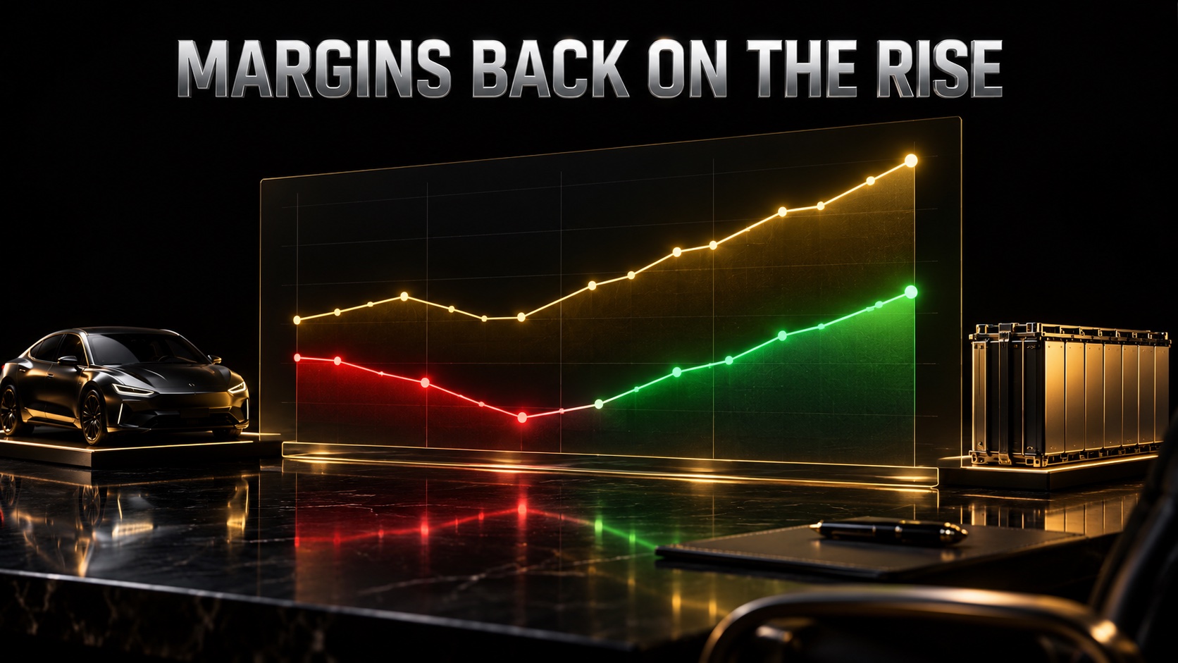 Glowing line chart on a black dashboard showing an automotive gross margin dipping and then rising again