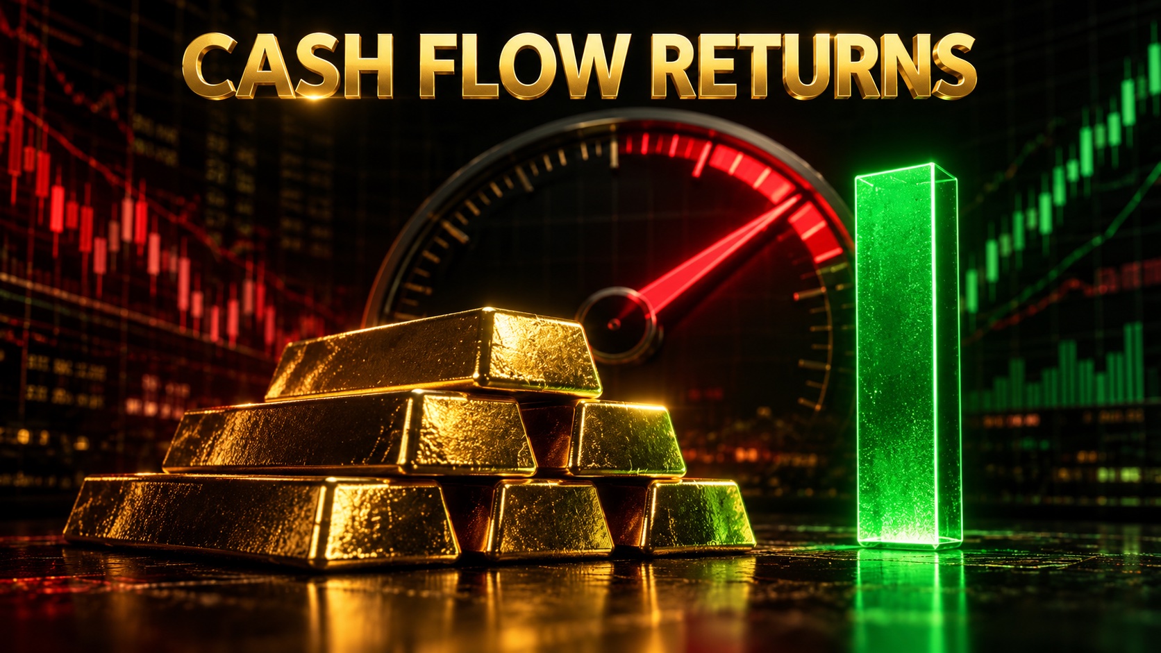 Stacks of gold bars beside a rising green cash flow bar and a red capital spending gauge on a dark financial screen