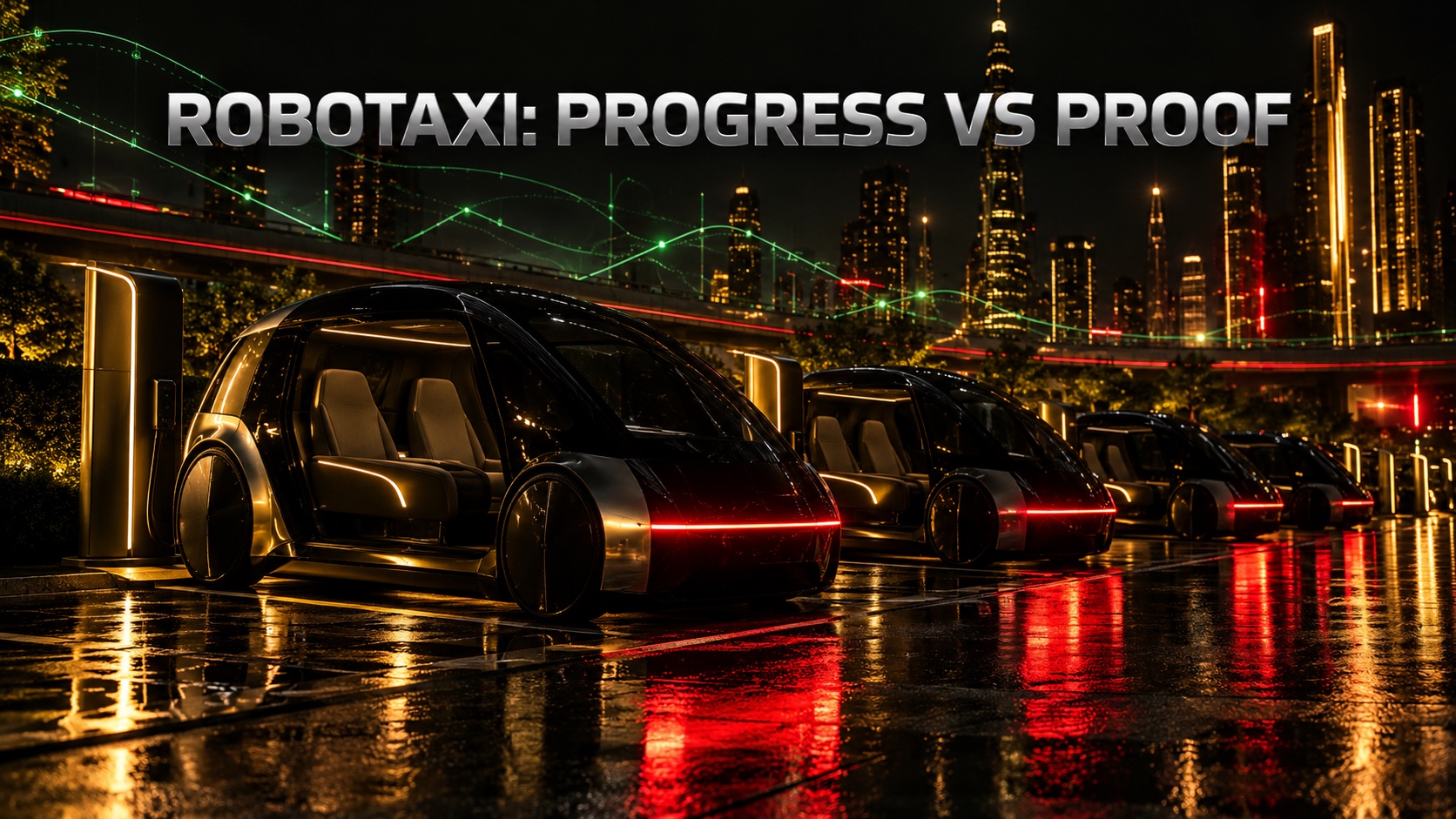 Driverless two-seat robotaxis without steering wheels lined up at night under red and gold city lights