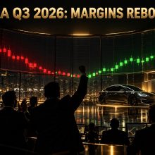 Futuristic trading floor with green momentum candles and red warning candles on giant screens after an electric vehicle maker's earnings release