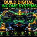 A digital income systems banner featuring a futuristic glowing green brain with an AI automation menu on the left and a live passive income earnings tracker displaying over $47,000 on the right.
