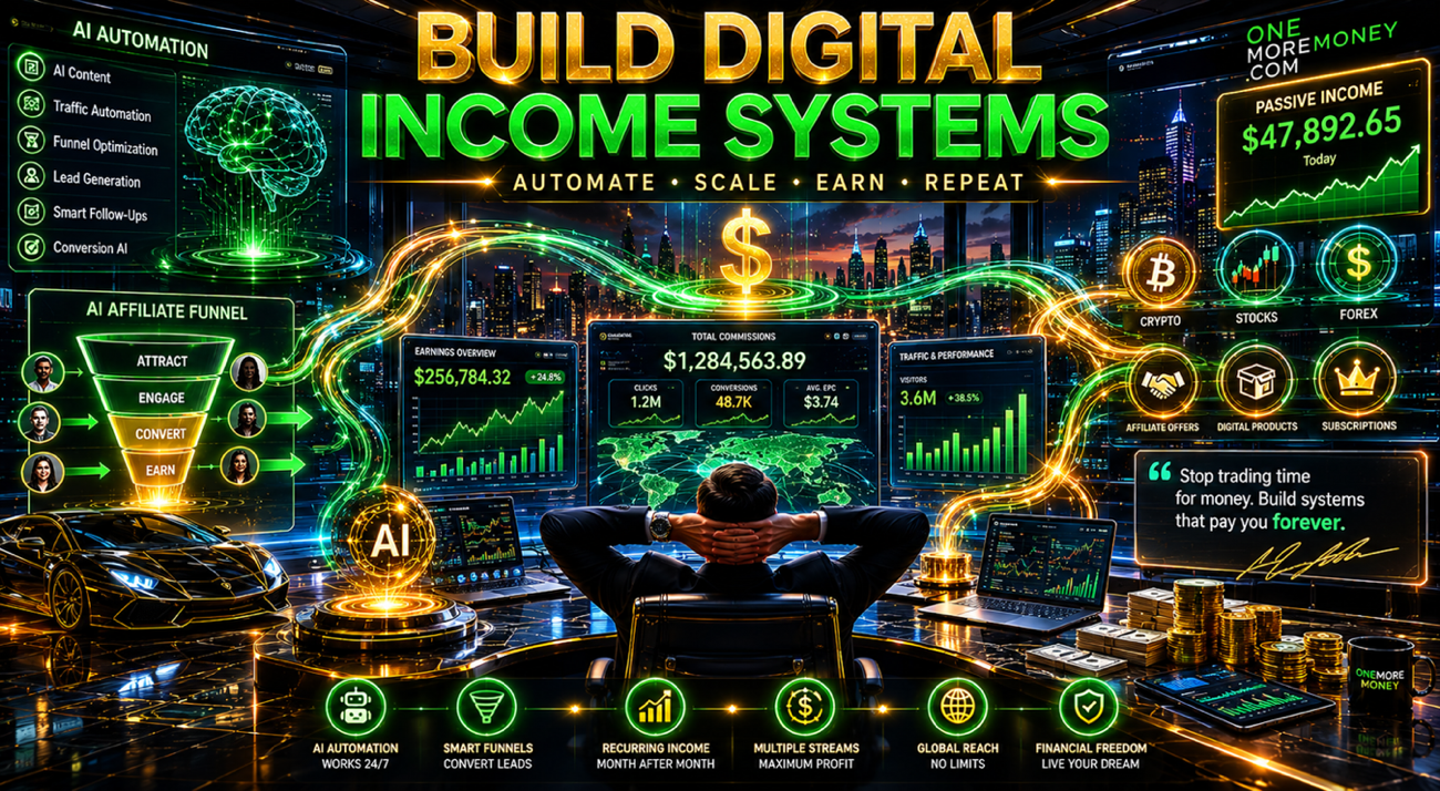 A digital income systems banner featuring a futuristic glowing green brain with an AI automation menu on the left and a live passive income earnings tracker displaying over $47,000 on the right.