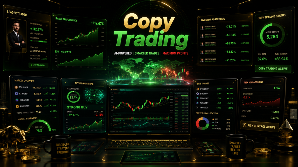A high-tech, futuristic dark dashboard displaying AI-powered copy trading analytics, charts, live trade tickers, and a glowing green world map under the title "Copy Trading."
