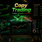 A high-tech, futuristic dark dashboard displaying AI-powered copy trading analytics, charts, live trade tickers, and a glowing green world map under the title "Copy Trading."