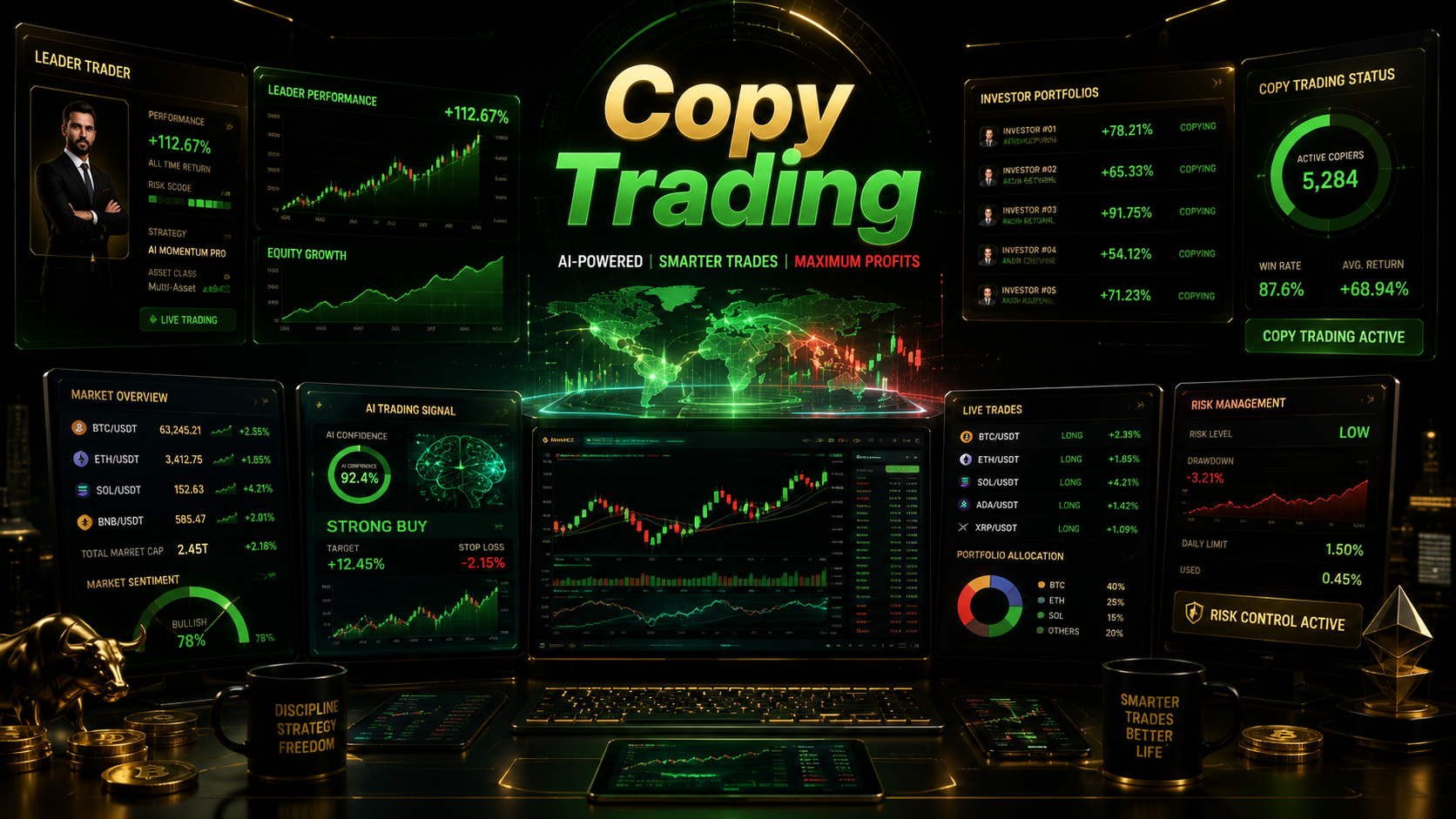 A high-tech, futuristic dark dashboard displaying AI-powered copy trading analytics, charts, live trade tickers, and a glowing green world map under the title "Copy Trading."