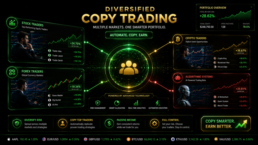 A dark, high-tech financial infographic titled "Diversified Copy Trading" showcasing multi-market automation with labeled sections for Stock Traders, Forex Traders, Crypto Traders, and Algorithmic Systems linked to a central icon of three golden figures.