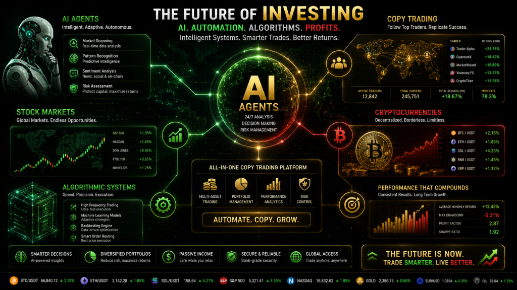 A dark, high-tech fintech infographic titled "The Future of Investing" showcasing an AI agents ecosystem with sections for Stock Markets, Algorithmic Systems, and Cryptocurrencies surrounding a central glowing "AI Agents" core.