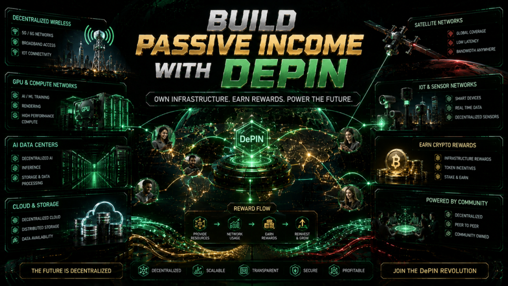 High-tech digital illustration titled Passive Income with DePIN showing a connected global network of decentralized infrastructure, including AI data centers, GPU compute networks, cloud storage, wireless 5G, and IoT sensors.