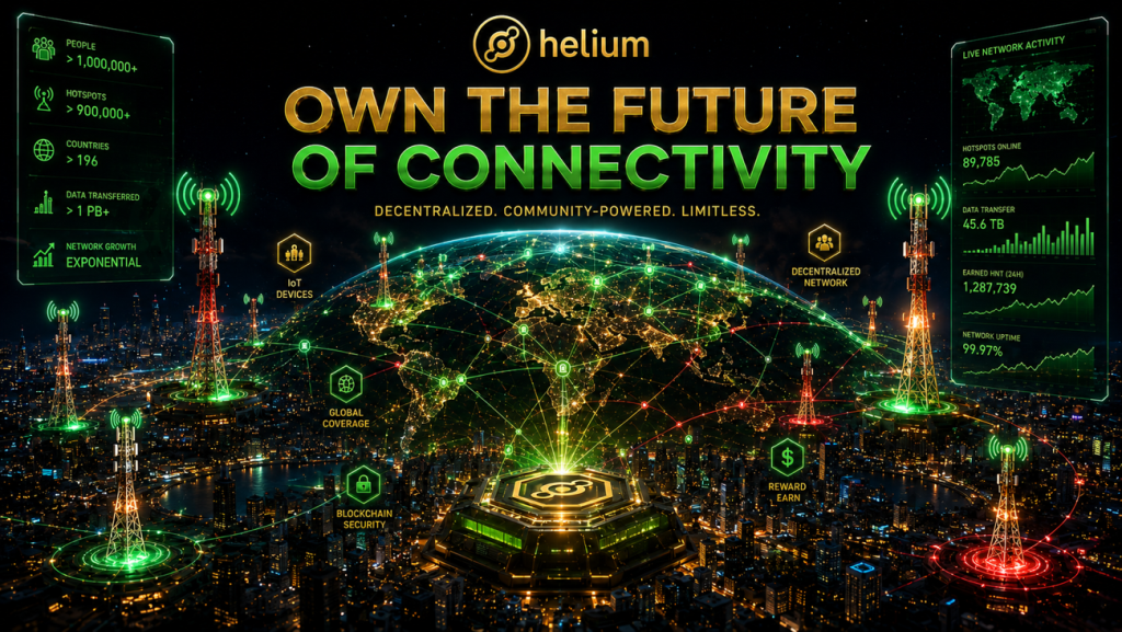 High-tech digital graphic featuring a vibrant green network grid overlay titled Helium Own the Future of Connectivity, illustrating decentralized telecommunications infrastructure.
