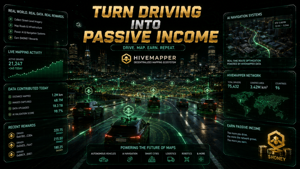 A dark, high-tech digital graphic titled Turn Driving into Passive Income by Hivemapper Decentralized Mapping Ecosystem. The layout includes futuristic neon green data dashboards displaying metrics like Active Drivers (21,247) and Total Drivers (75,432), alongside a digital globe and street-level mapping visuals.
