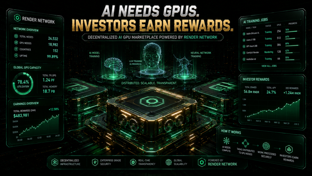 High-tech digital graphic featuring a glowing green server network grid titled AI Needs GPUs. Investors Earn Rewards., illustrating decentralized GPU computing infrastructure.