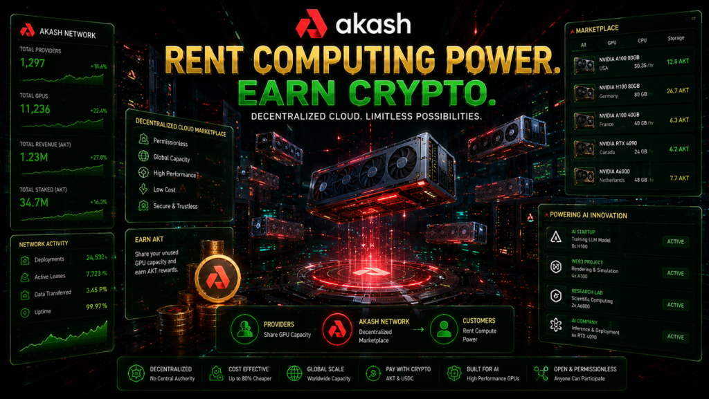 A detailed digital schematic with turquoise highlights against a dark background, showing a global network of cloud icons and servers. Large text at the top reads "AKASH" with "RENT COMPUTING POWER, EARN CRYPTO" below it. Smaller text at the bottom says "DECENTRALIZED CLOUD. UNENDING POSSIBILITIES."