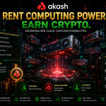 A detailed digital schematic with turquoise highlights against a dark background, showing a global network of cloud icons and servers. Large text at the top reads "AKASH" with "RENT COMPUTING POWER, EARN CRYPTO" below it. Smaller text at the bottom says "DECENTRALIZED CLOUD. UNENDING POSSIBILITIES."